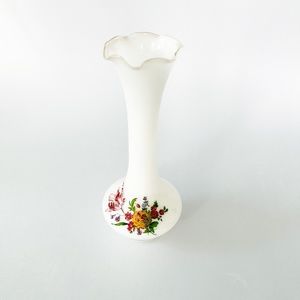 Vintage White Gloss Frosted Blown Glass Vase Hand Painted Floral Motif -Bud Vase